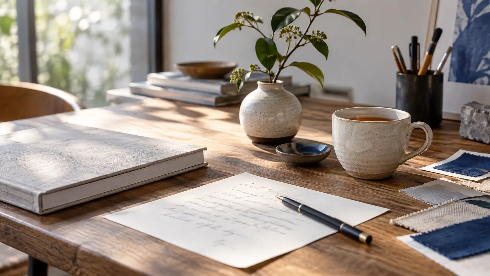 Sunlit creative desk with a notebook, letter, tea, and design materials